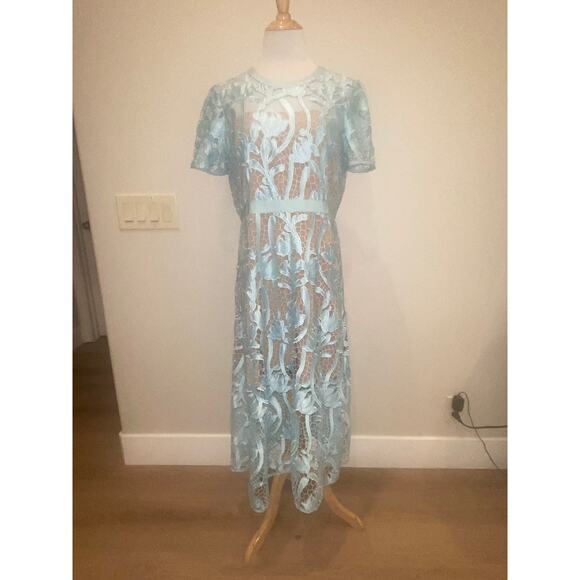 Self-Portrait Grosgrain-Trimmed Embroidered Satin Guipure Lace Midi Dress US 12 - Picture 1 of 10